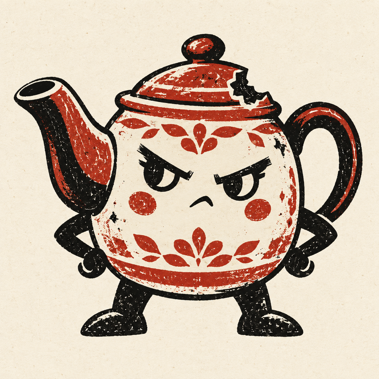 Spout Riot's chipped, brick-red teapot mascot standing with hands on hips